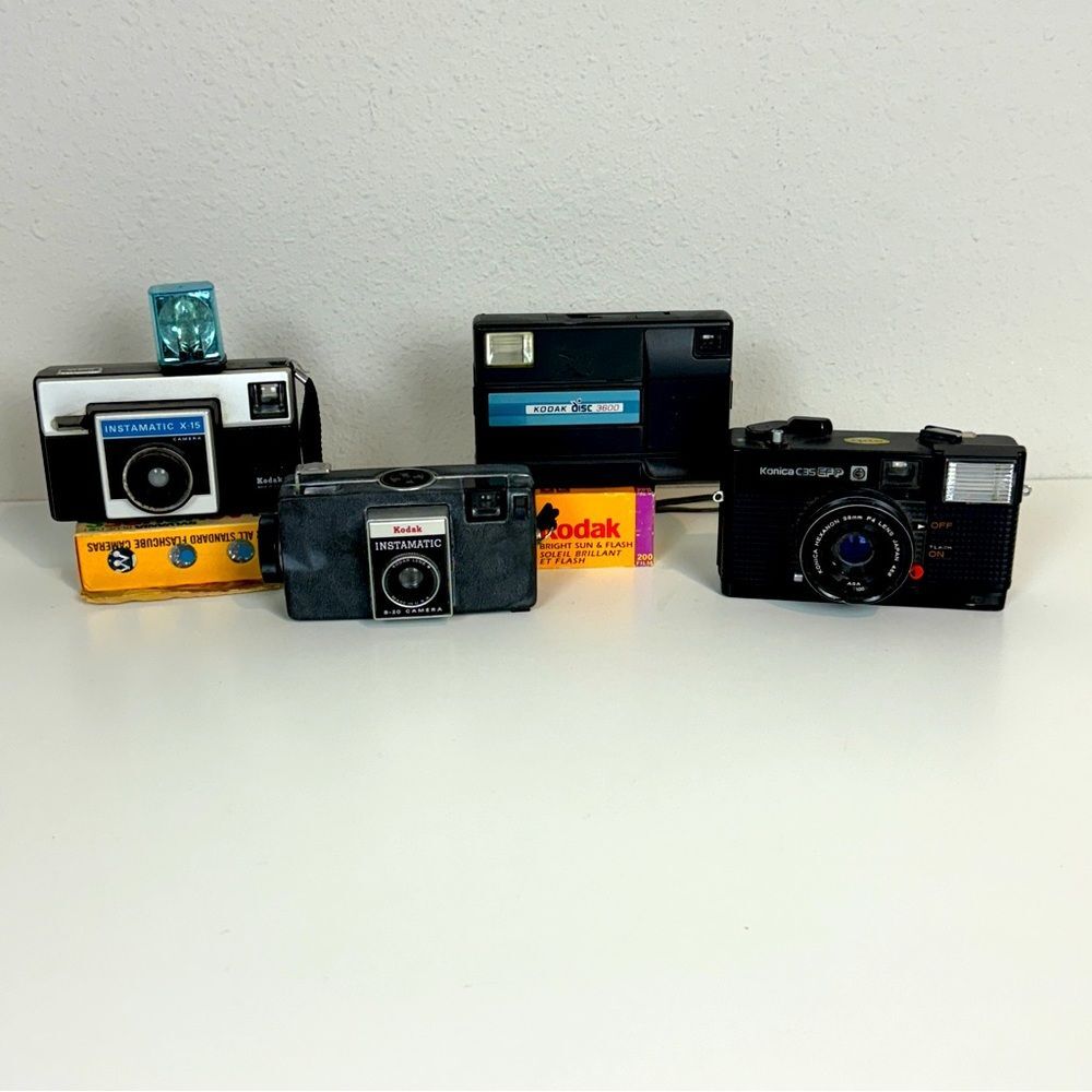 4 Vintage Film Camera Lot + Accessories Kodak Konica